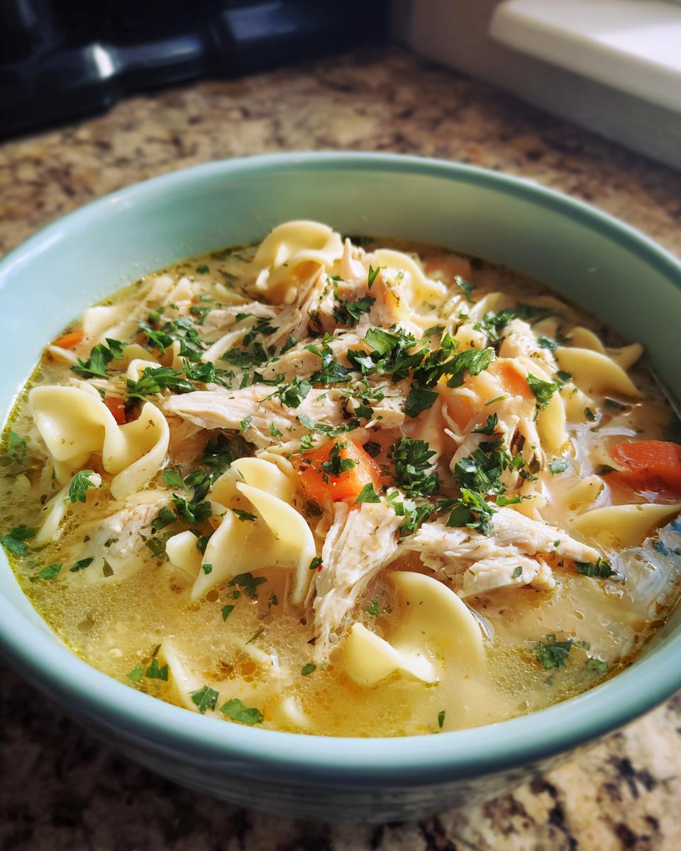 Close-up of a bowl of creamy chicken noodle soup with egg noodles, chicken, and carrots.