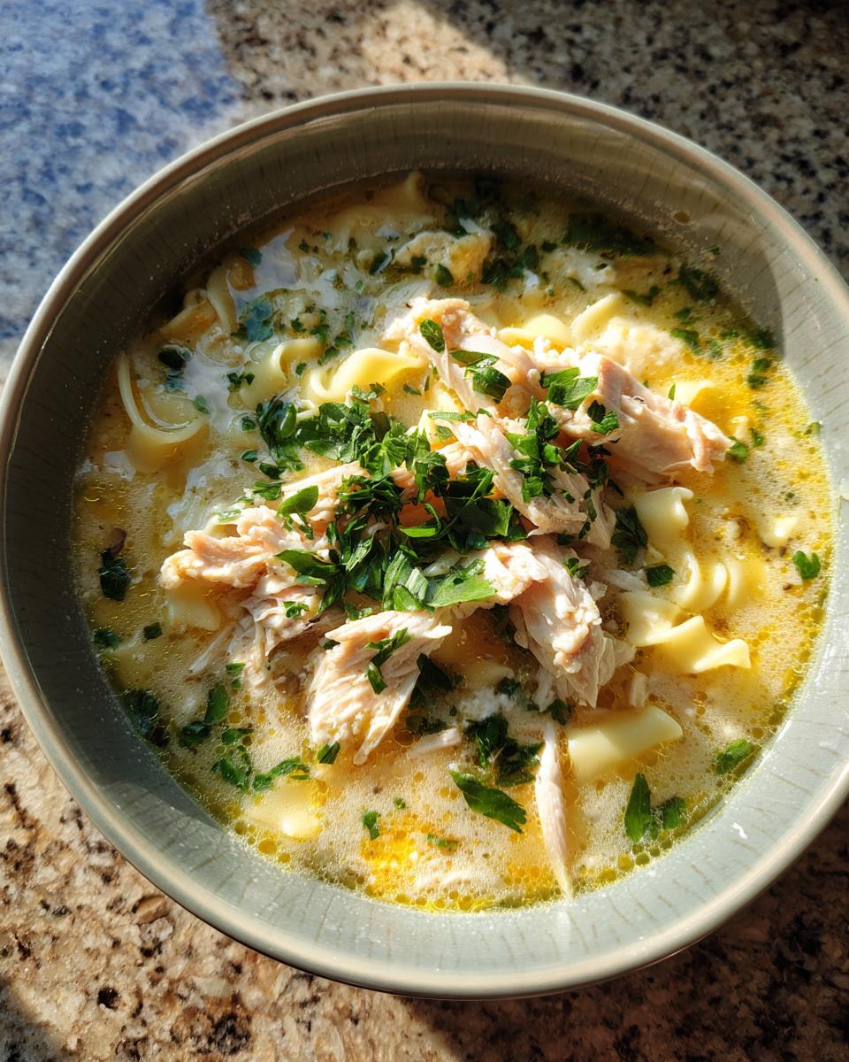 Overhead shot of a bowl of Creamy Chicken Noodle Soup, with chicken, noodles, and parsley.
