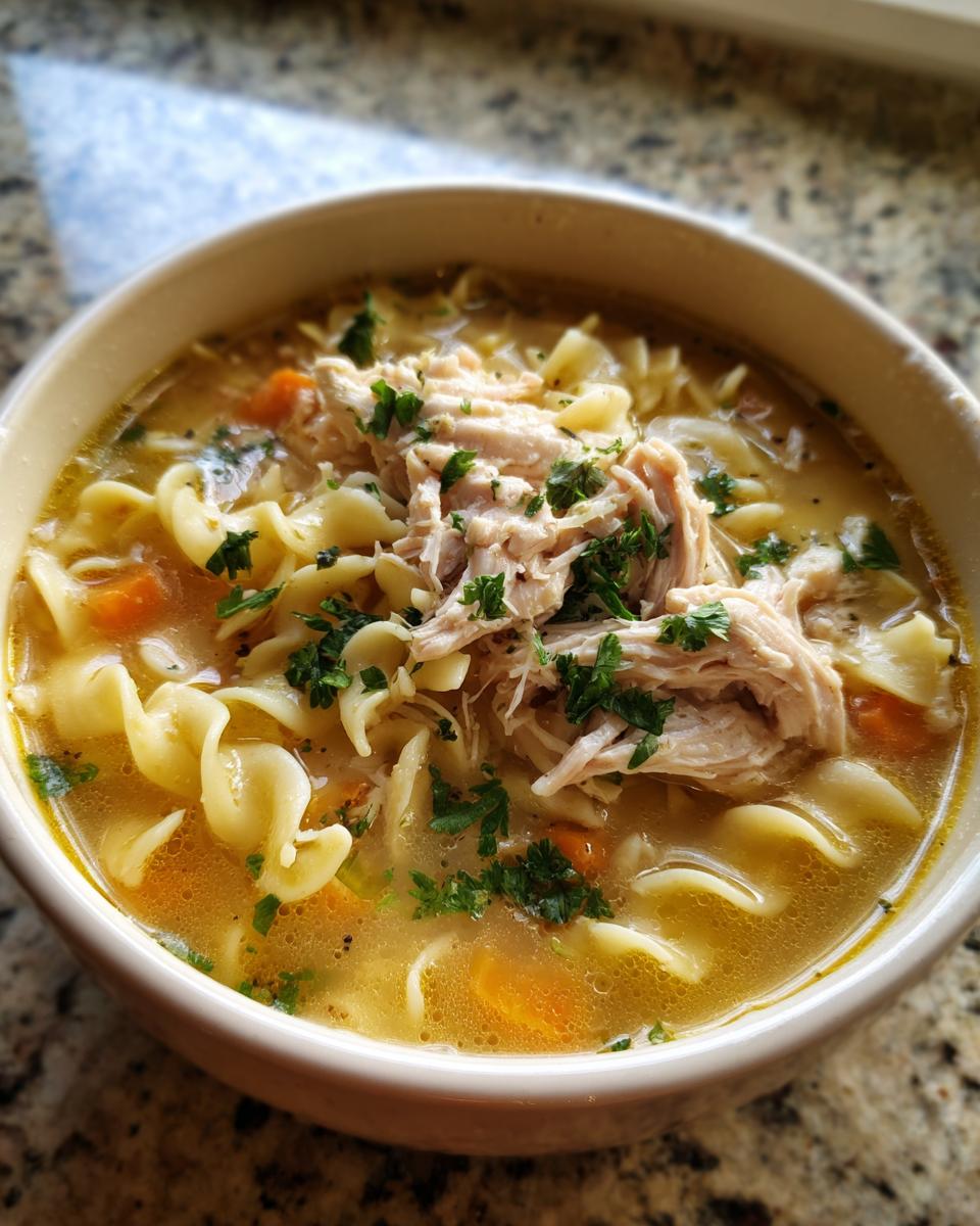 Close-up of a bowl of Creamy Chicken Noodle Soup with chicken, noodles, and carrots.