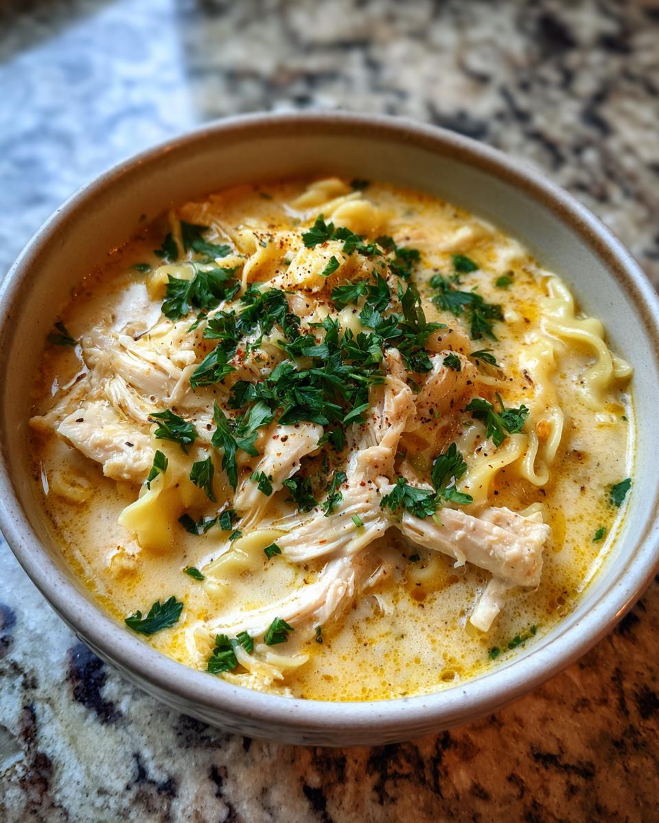 Close-up of a bowl of creamy chicken noodle soup, garnished with fresh parsley.