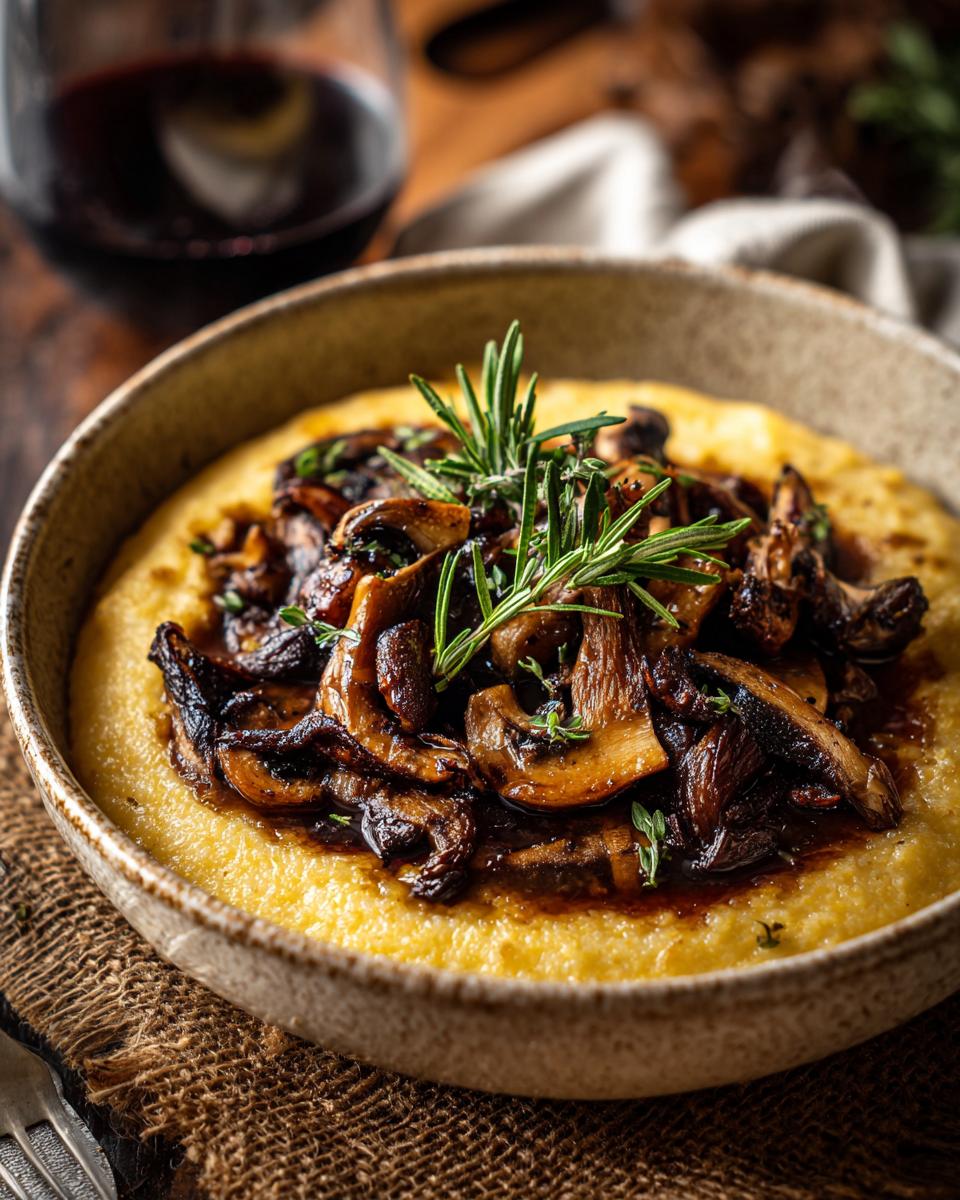 Close-up of Creamy Polenta with Mushrooms, garnished with rosemary, in a rustic bowl.