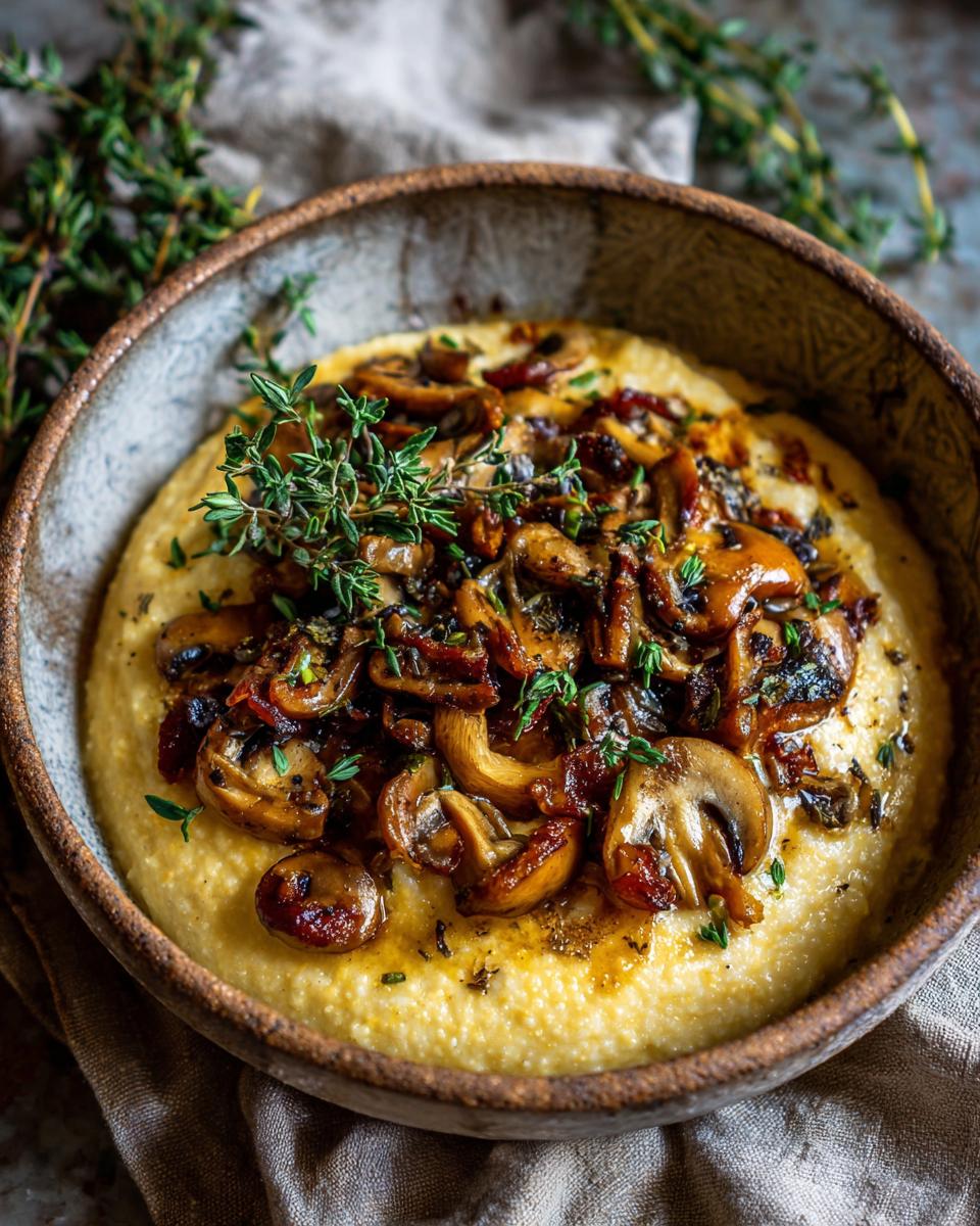 Close-up of creamy polenta with mushrooms, garnished with fresh herbs. This is a Creamy Polenta with Mushrooms recipe.
