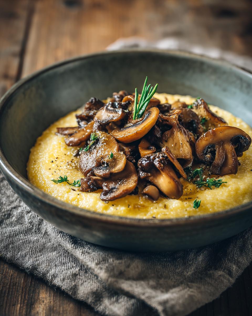 Close-up of creamy polenta with mushrooms in a bowl, garnished with herbs. The dish is the Creamy Polenta with Mushrooms.
