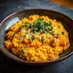 Close-up of a bowl of creamy pumpkin risotto, garnished with fresh herbs and parmesan.