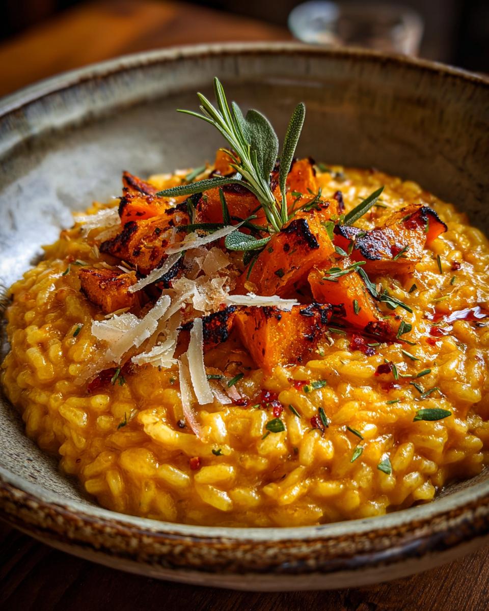 Close-up of a bowl of creamy pumpkin risotto, topped with roasted pumpkin and fresh herbs. The primary keyword is Creamy Pumpkin Risotto.