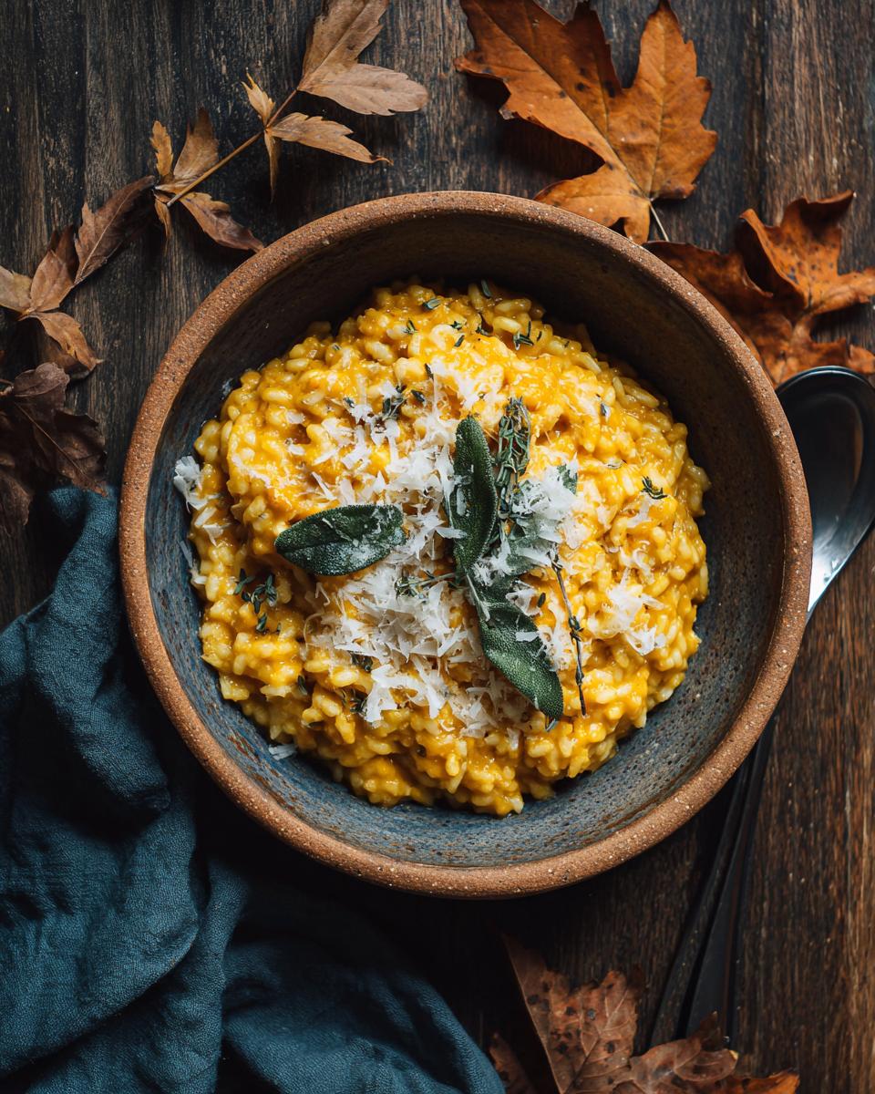 Overhead shot of creamy pumpkin risotto in a bowl, garnished with herbs and cheese. The primary keyword is Creamy Pumpkin Risotto.