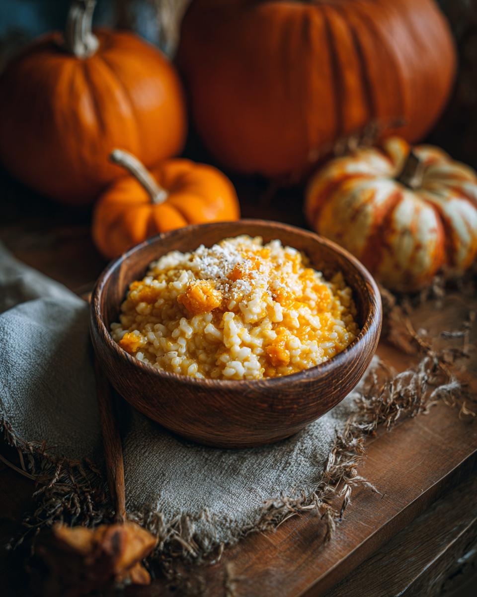 A wooden bowl filled with creamy pumpkin risotto, with pumpkins in the background. The Creamy Pumpkin Risotto recipe.