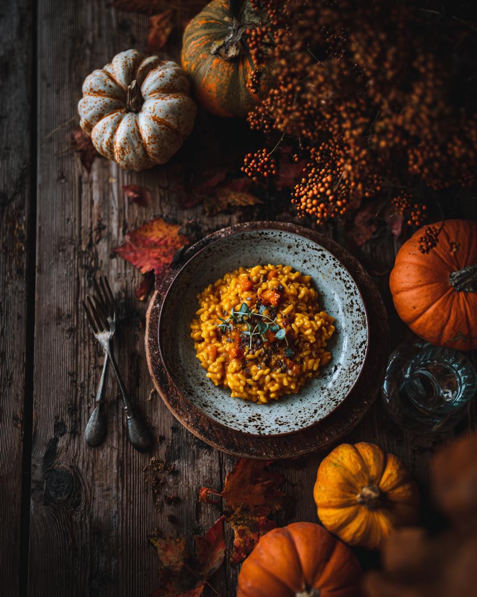 Overhead shot of creamy pumpkin risotto in a bowl, surrounded by pumpkins and fall foliage. This is a delicious Creamy Pumpkin Risotto.