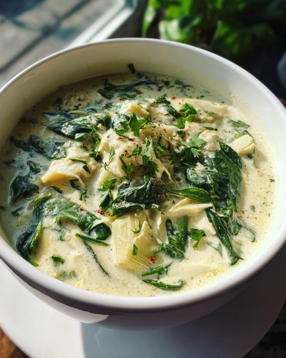 Close-up of a bowl of creamy spinach artichoke soup, garnished with fresh herbs.