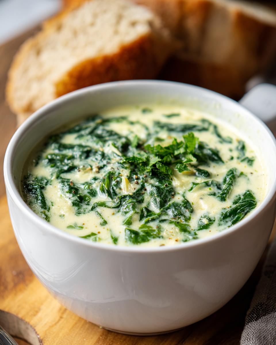 Close-up of a bowl of creamy spinach artichoke soup, garnished with fresh herbs, with bread in the background. The primary keyword is Creamy Spinach Artichoke Soup.