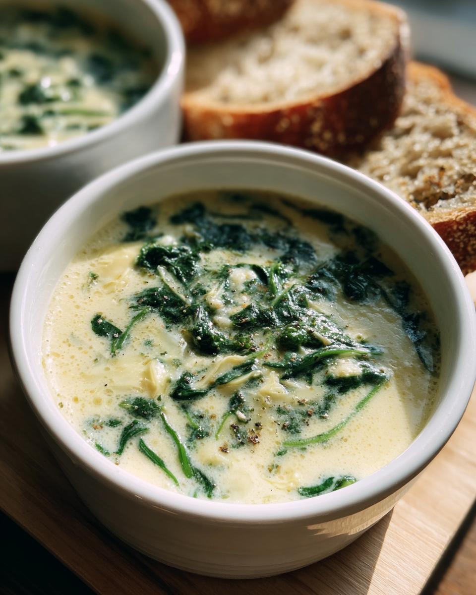 Close-up of creamy Spinach Artichoke Soup in white bowls, served with bread.