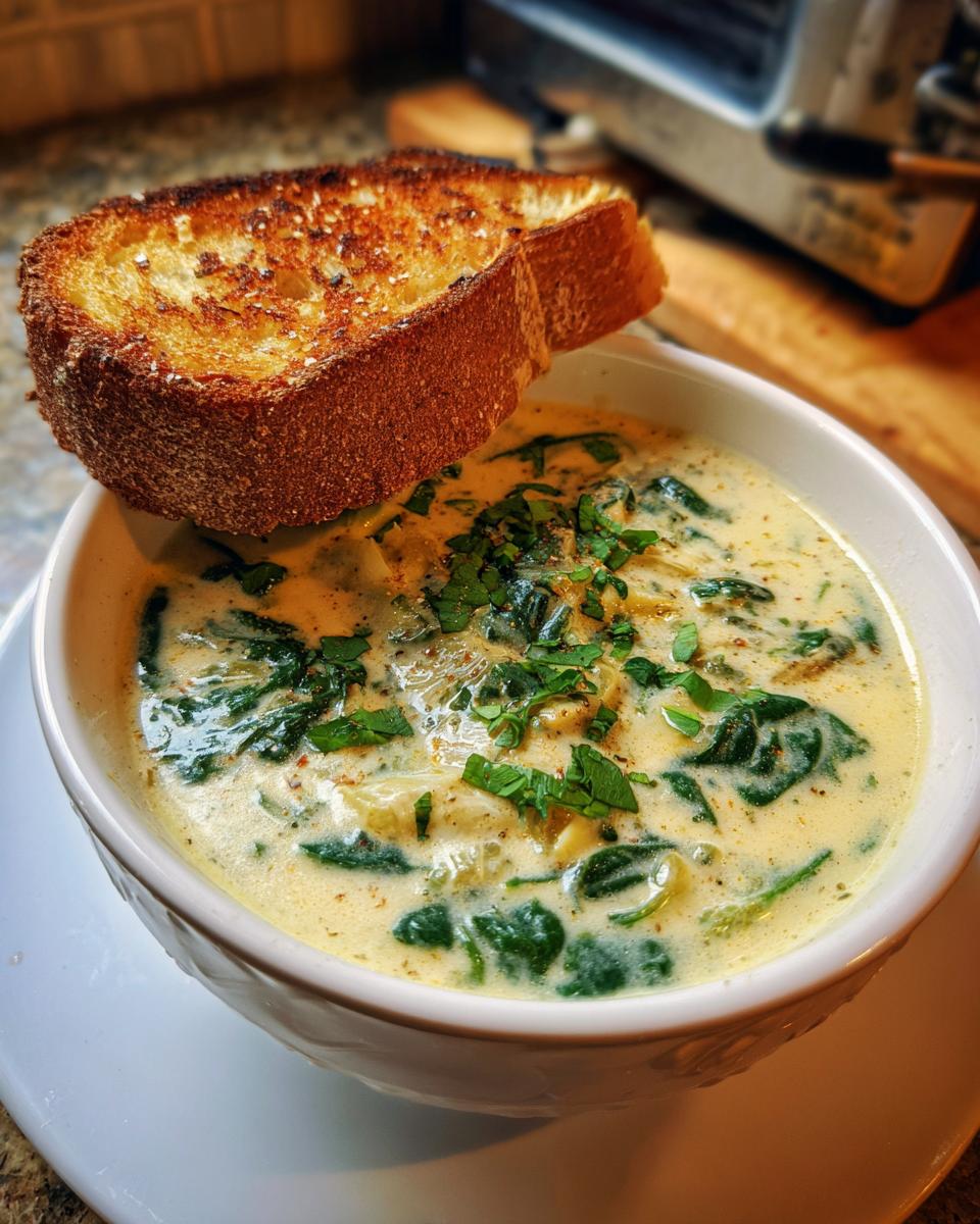 Bowl of creamy spinach artichoke soup with a slice of toasted bread, garnished with fresh herbs.