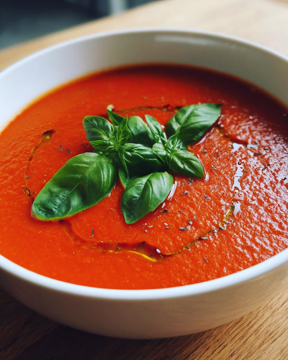 Close-up of Creamy Tomato Basil Soup (No Cream!) garnished with fresh basil leaves and a swirl of olive oil.