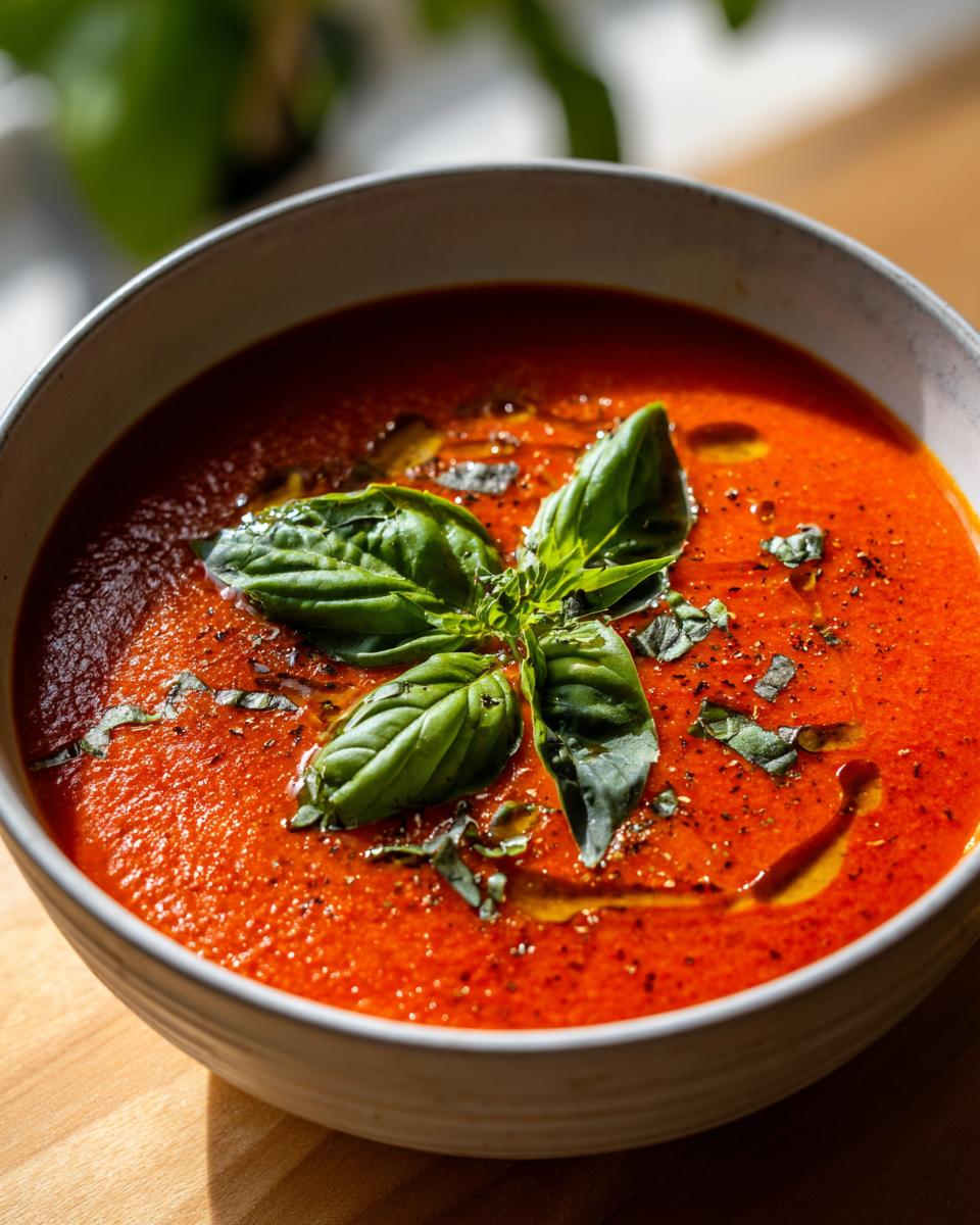 Close-up of a bowl of Creamy Tomato Basil Soup (No Cream!), garnished with fresh basil leaves and olive oil.