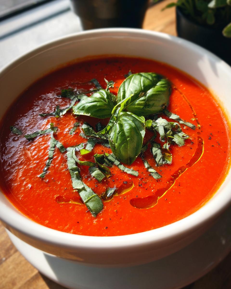 A bowl of Creamy Tomato Basil Soup (No Cream!) garnished with fresh basil and olive oil.
