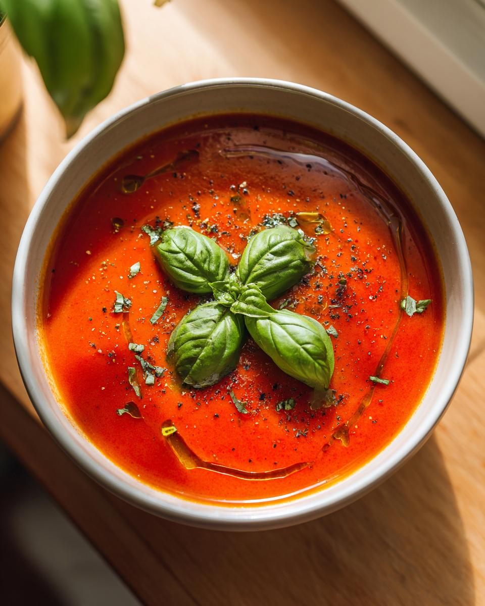 Overhead shot of a bowl of Creamy Tomato Basil Soup (No Cream!) garnished with fresh basil.