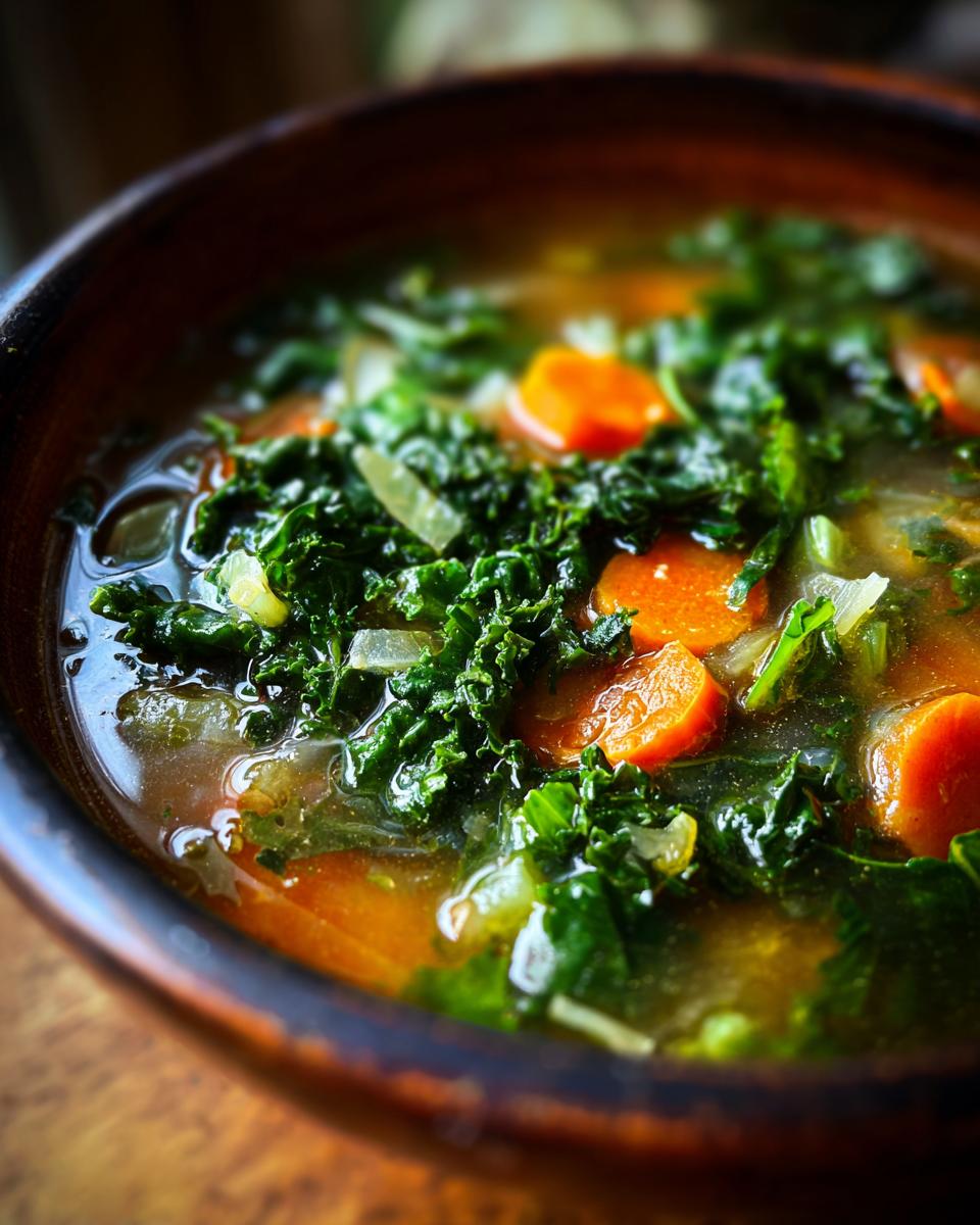 Close-up of a bowl filled with Detox Green Vegetable Soup with kale and carrots.