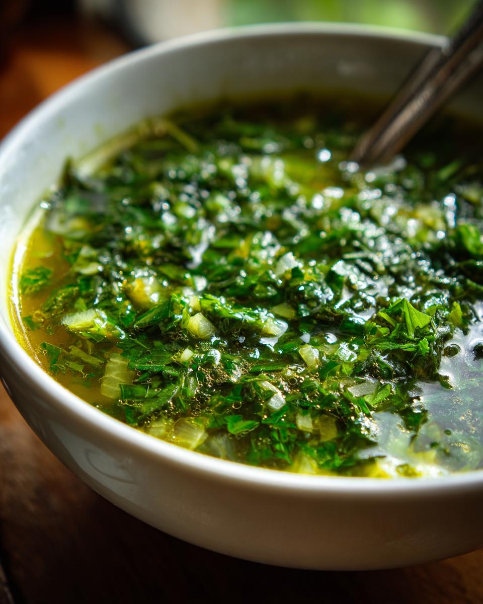 Close-up of a bowl of Detox Green Vegetable Soup, showing fresh green vegetables and broth.
