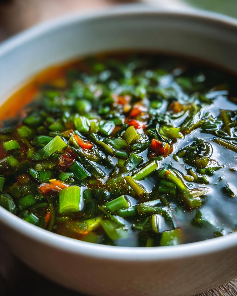 Close-up of a bowl of Detox Green Vegetable Soup, showing fresh green vegetables and broth.