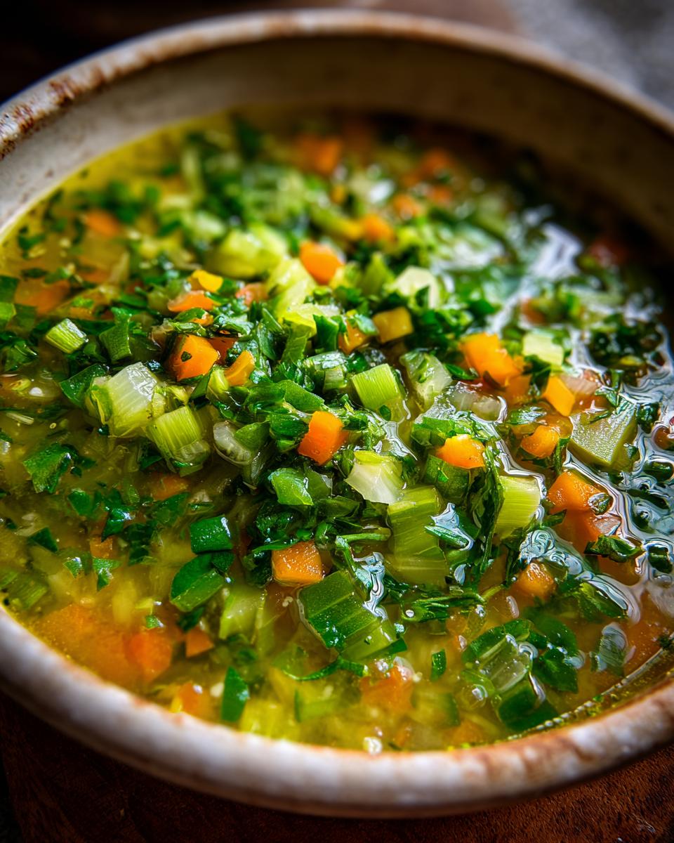 Close-up of a bowl of Detox Green Vegetable Soup, filled with fresh green vegetables and carrots.