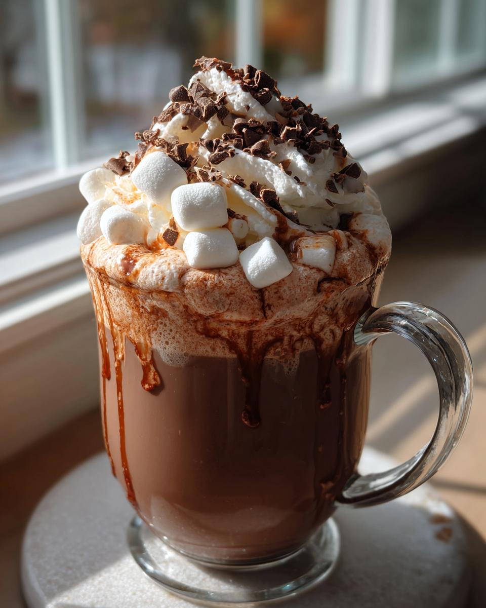 A decadent mug of hot chocolate, topped with whipped cream, marshmallows, and chocolate shavings, perfect for a DIY Hot Chocolate Bar Setup.
