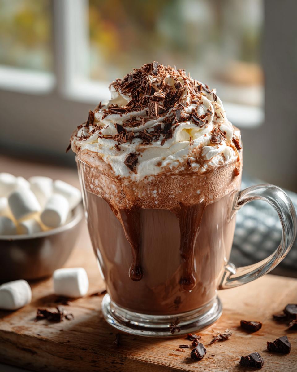 A rich, creamy hot chocolate topped with whipped cream and chocolate shavings, perfect for a DIY Hot Chocolate Bar Setup.