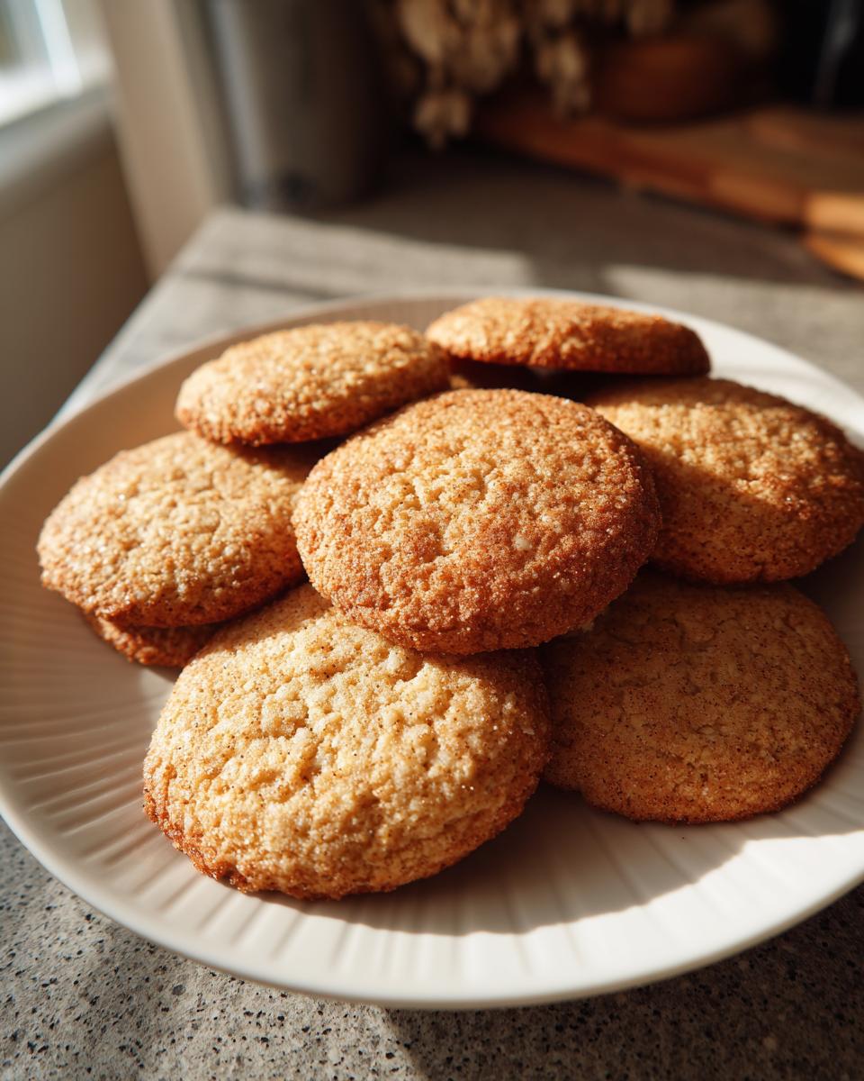 A pile of golden-brown Easy 3-Ingredient Christmas Cookies on a fluted white plate, bathed in soft light.