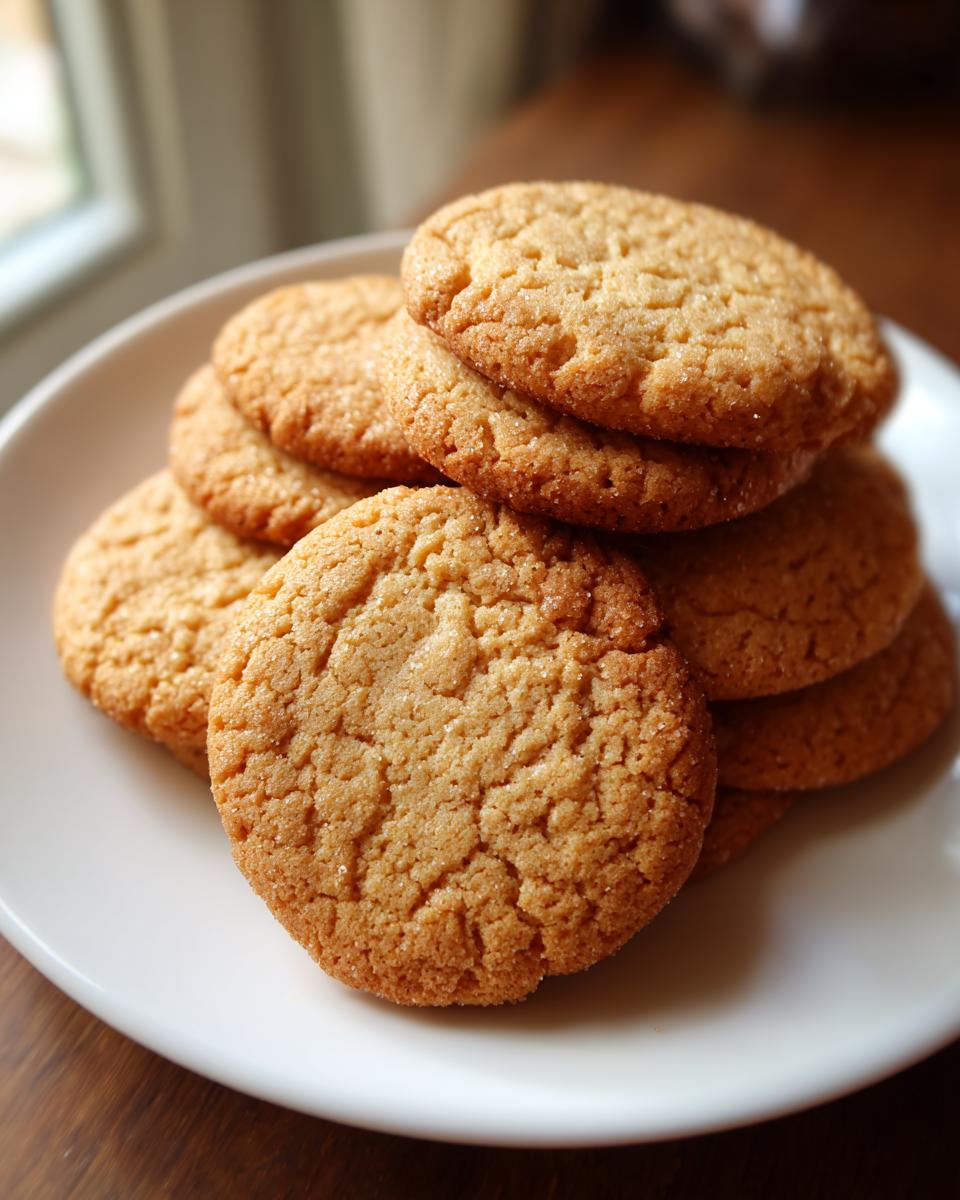 A stack of golden brown Easy 3-Ingredient Christmas Cookies on a white plate, with a subtle sparkle of sugar.