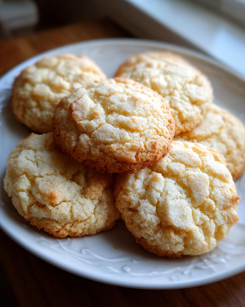 A close-up of a pile of Easy 3-Ingredient Christmas Cookies on a white plate.