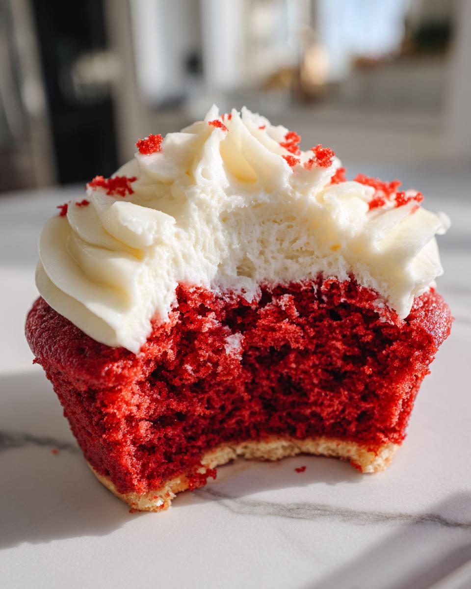 A close-up of an Easy Crumbl Red Velvet Cupcake Cookie with a bite taken out, showing fluffy white frosting and red cake.