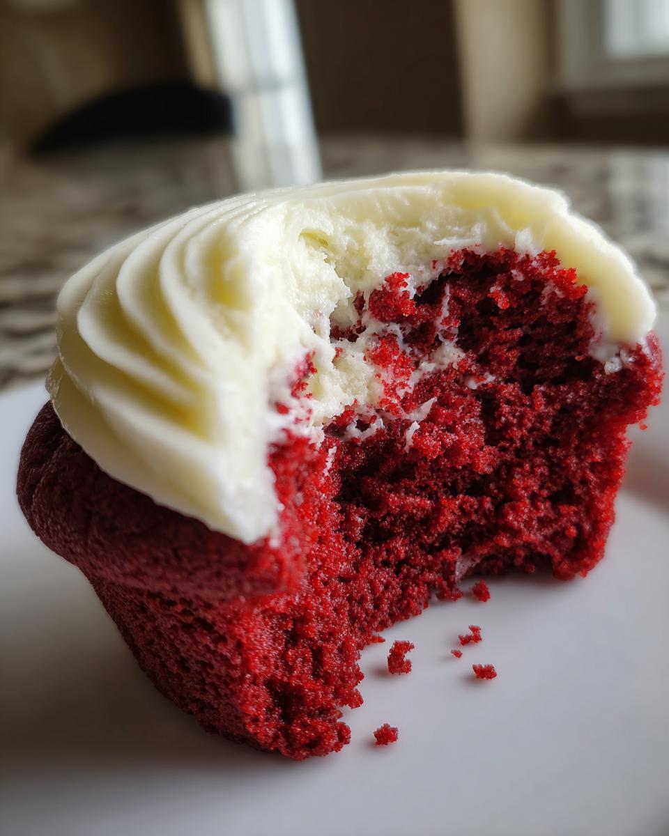 A close-up of an Easy Crumbl Red Velvet Cupcake Cookie with a bite taken out, showing the moist red cake and creamy white frosting.