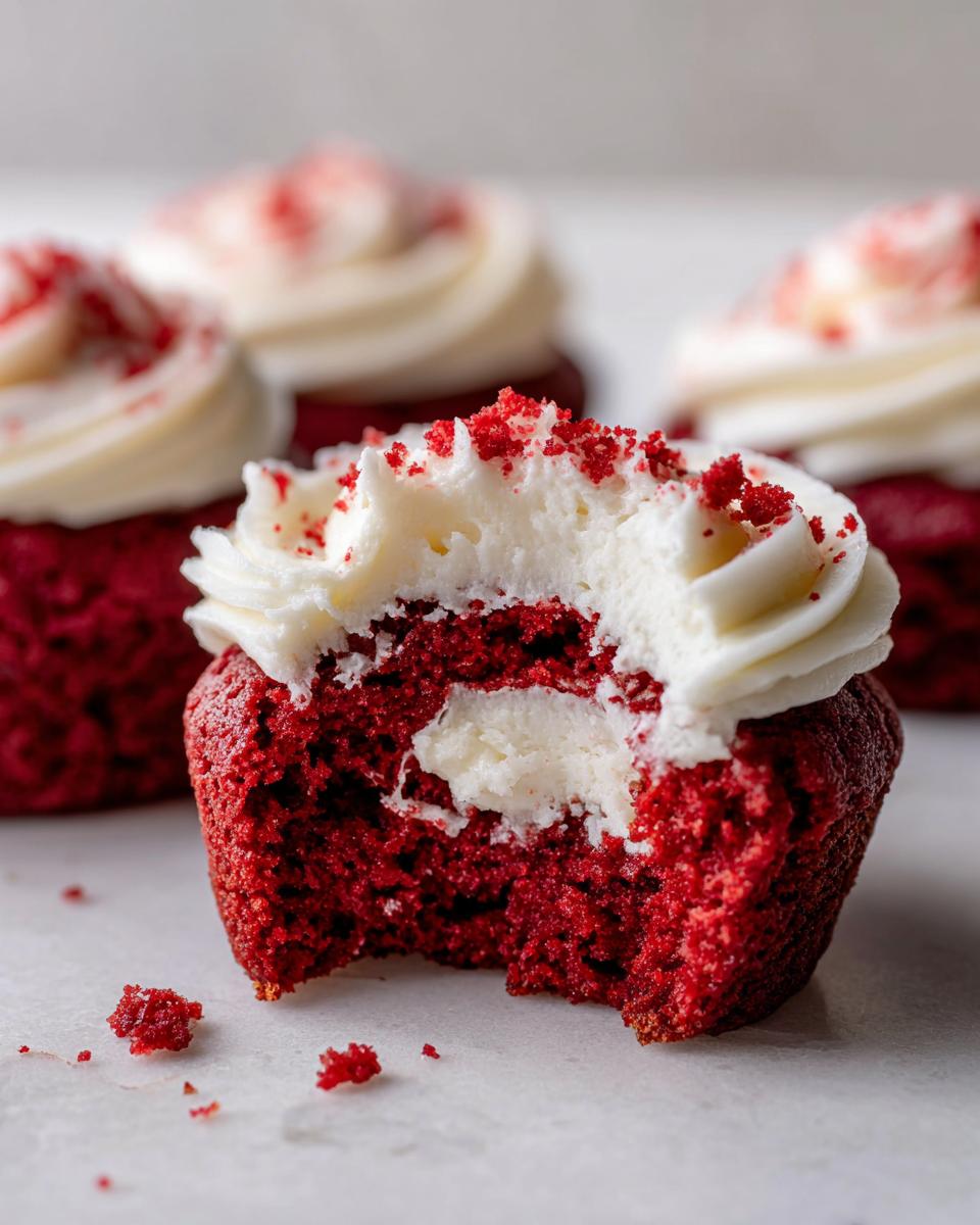 A close-up of an Easy Crumbl Red Velvet Cupcake Cookie with a bite taken out, revealing the moist red cake and cream cheese filling.