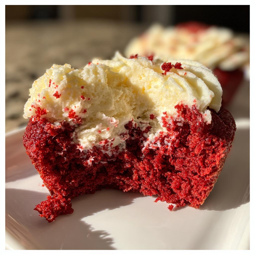 Close-up of an Easy Crumbl Red Velvet Cupcake Cookie with a bite taken out, showing cream cheese filling and white frosting.