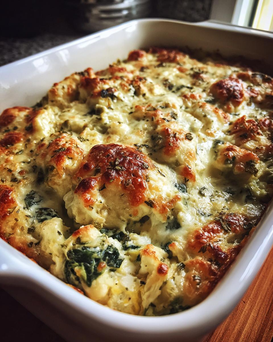 Overhead shot of a baked Four-Cheese Spinach Artichoke Dip Casserole in a white baking dish.