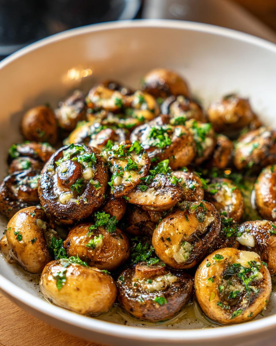 Close-up of Garlic Butter Mushrooms in a white bowl, garnished with fresh parsley.
