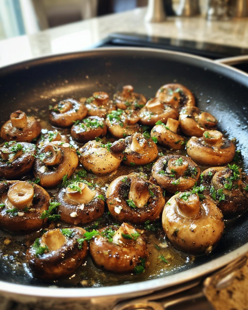 Close-up of garlic butter mushrooms cooking in a pan, a delicious Garlic Butter Mushrooms recipe.