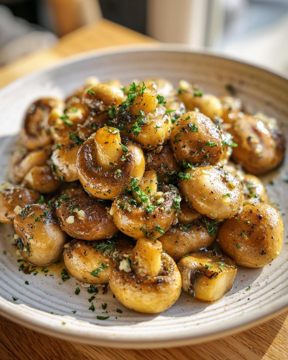 Close-up of a plate of Garlic Butter Mushrooms, garnished with parsley and garlic.