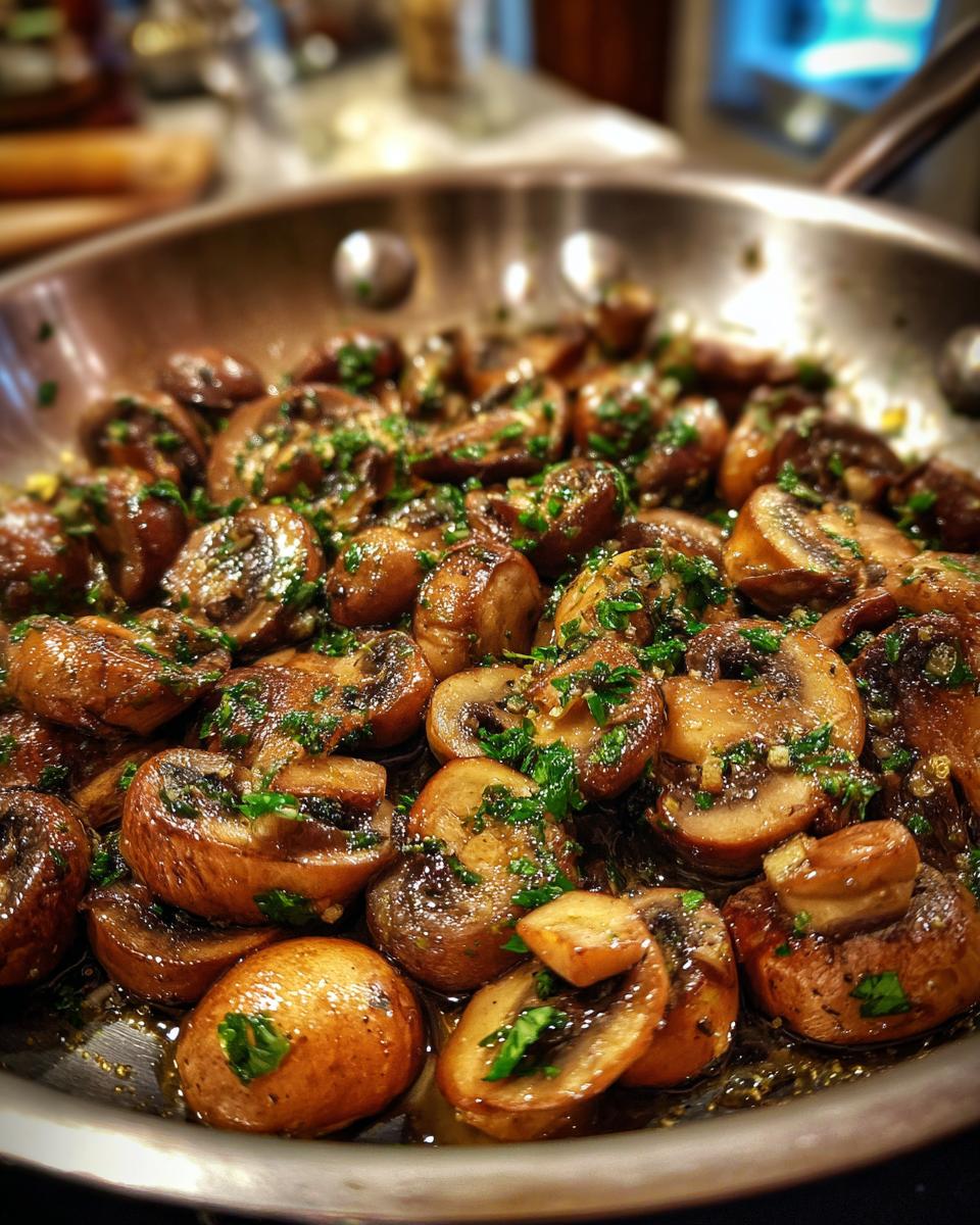 Close-up of Garlic Butter Mushrooms cooking in a skillet, garnished with fresh herbs.