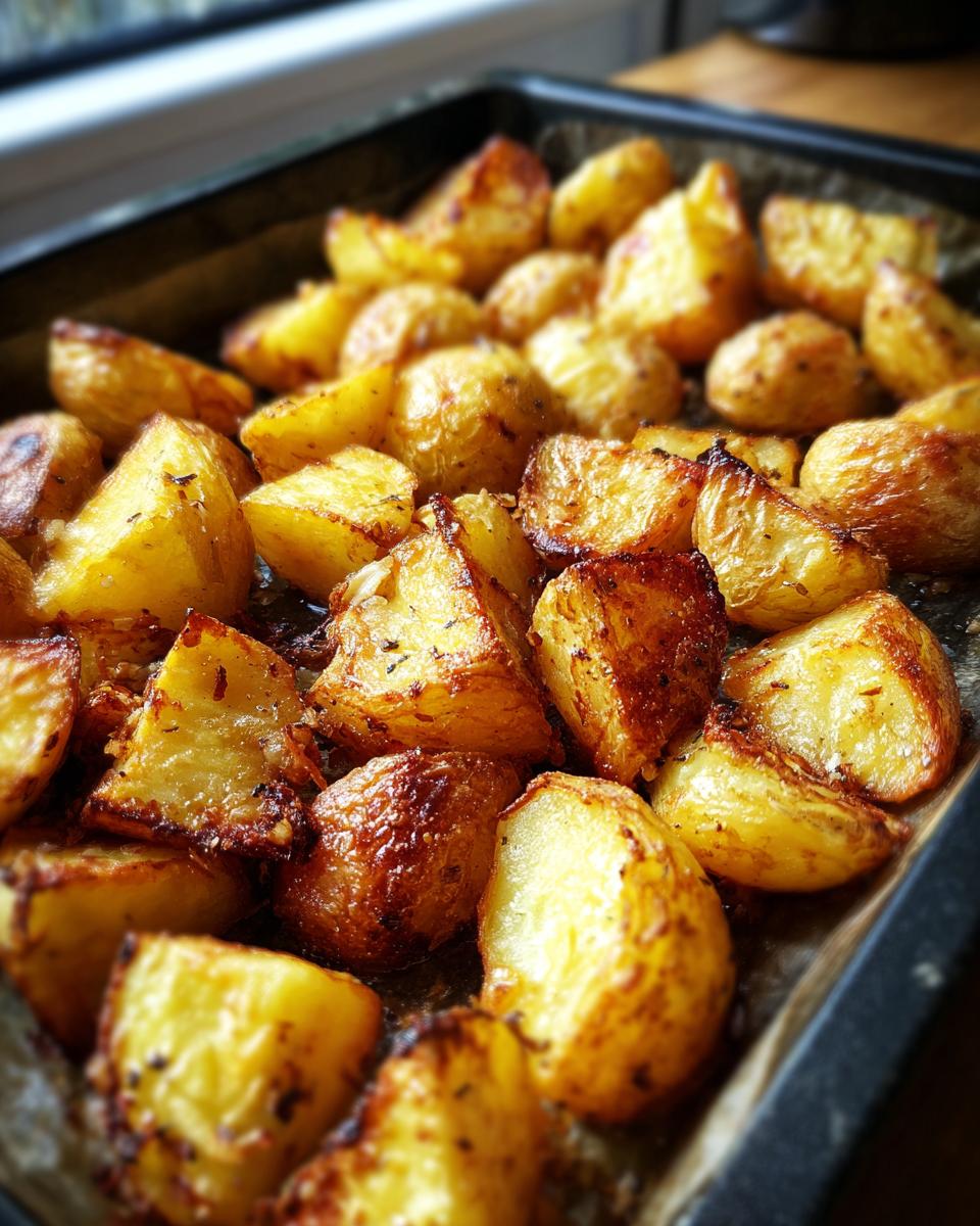 Close-up of crispy, golden Garlic Roast Potatoes in a baking tray, ready to serve.