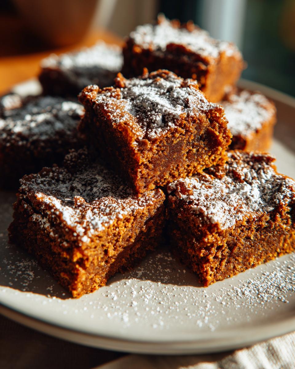 A stack of moist Gingerbread Cookie Bars dusted with powdered sugar, ready to be enjoyed.