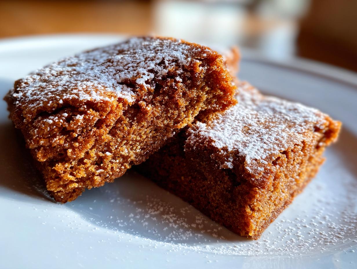 Close-up of two moist Gingerbread Cookie Bars dusted with powdered sugar on a white plate.
