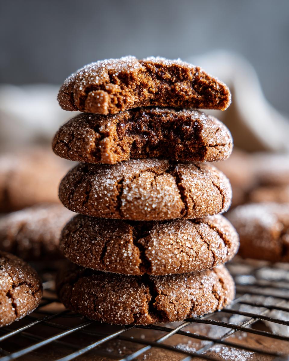 A stack of soft Gingerbread Crinkle Cookies, coated in sugar, with one cookie broken in half to show the texture.