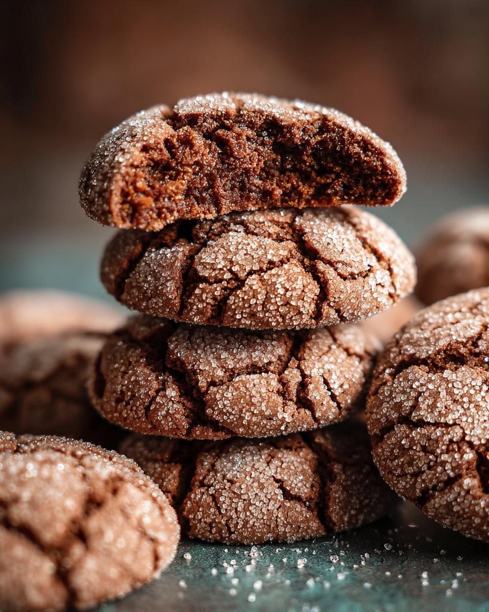 A close-up stack of soft Gingerbread Crinkle Cookies, dusted with sugar, with one cookie broken open.