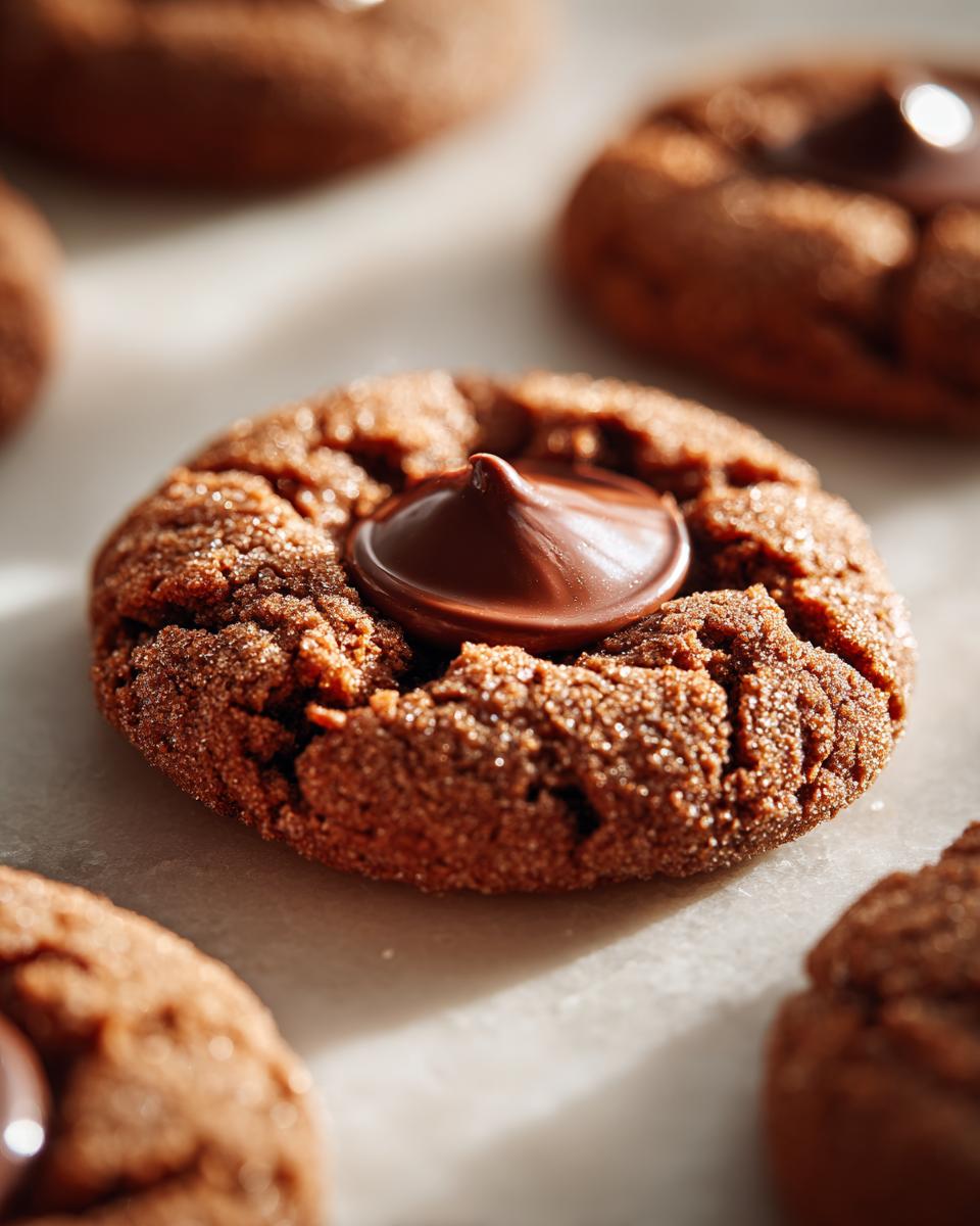 Close-up of a rich chocolate Gingerbread Kiss Cookie, dusted with sugar and topped with a chocolate kiss.