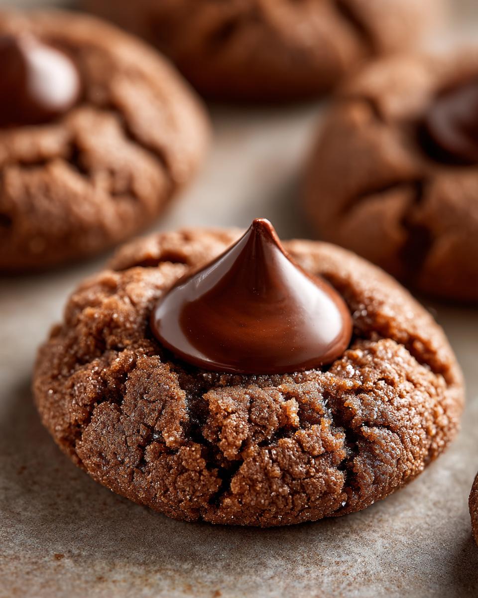 Close-up of a rich chocolate Gingerbread Kiss Cookie topped with a shiny chocolate kiss.