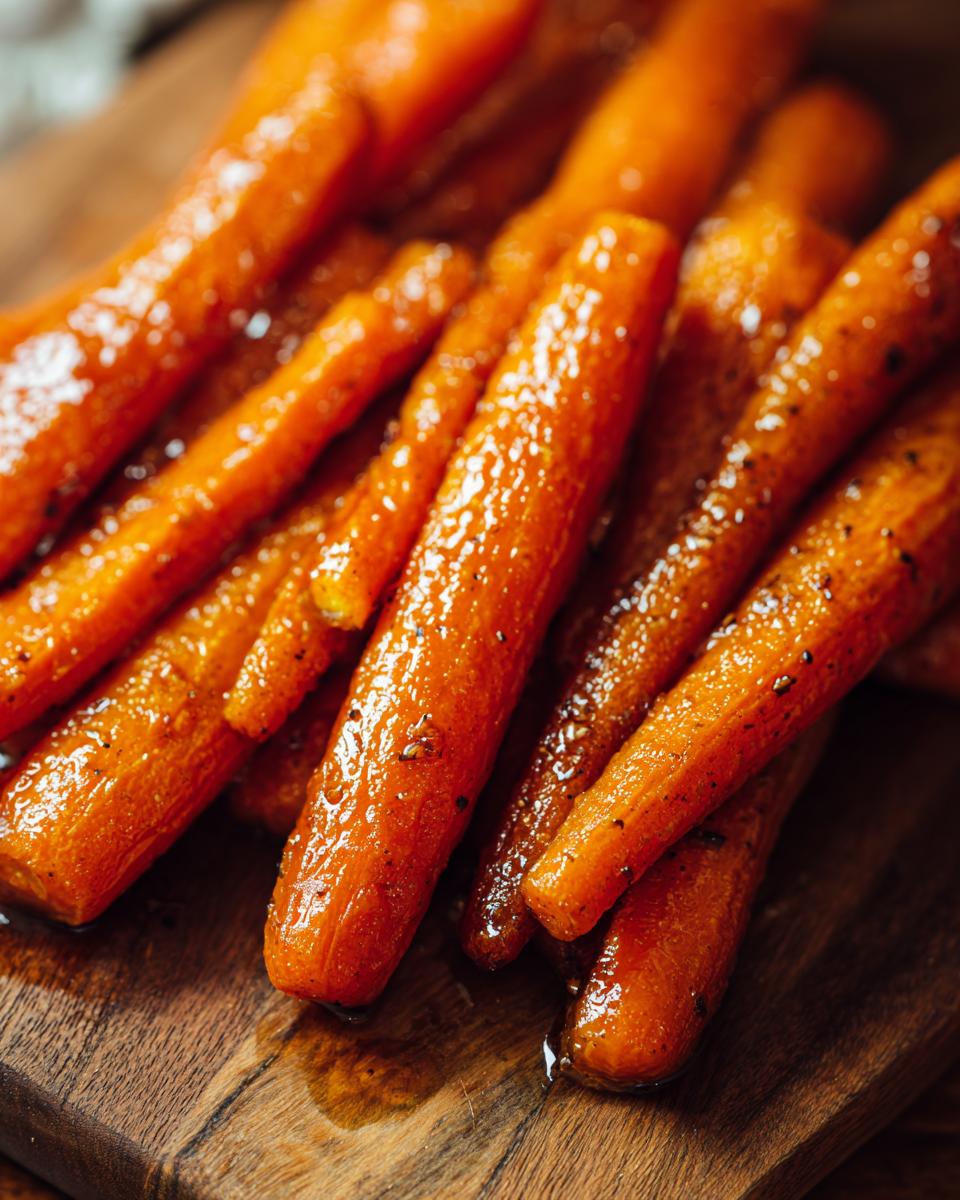 Close-up of perfectly glazed carrots on a wooden cutting board. These are the best Glazed Carrots!