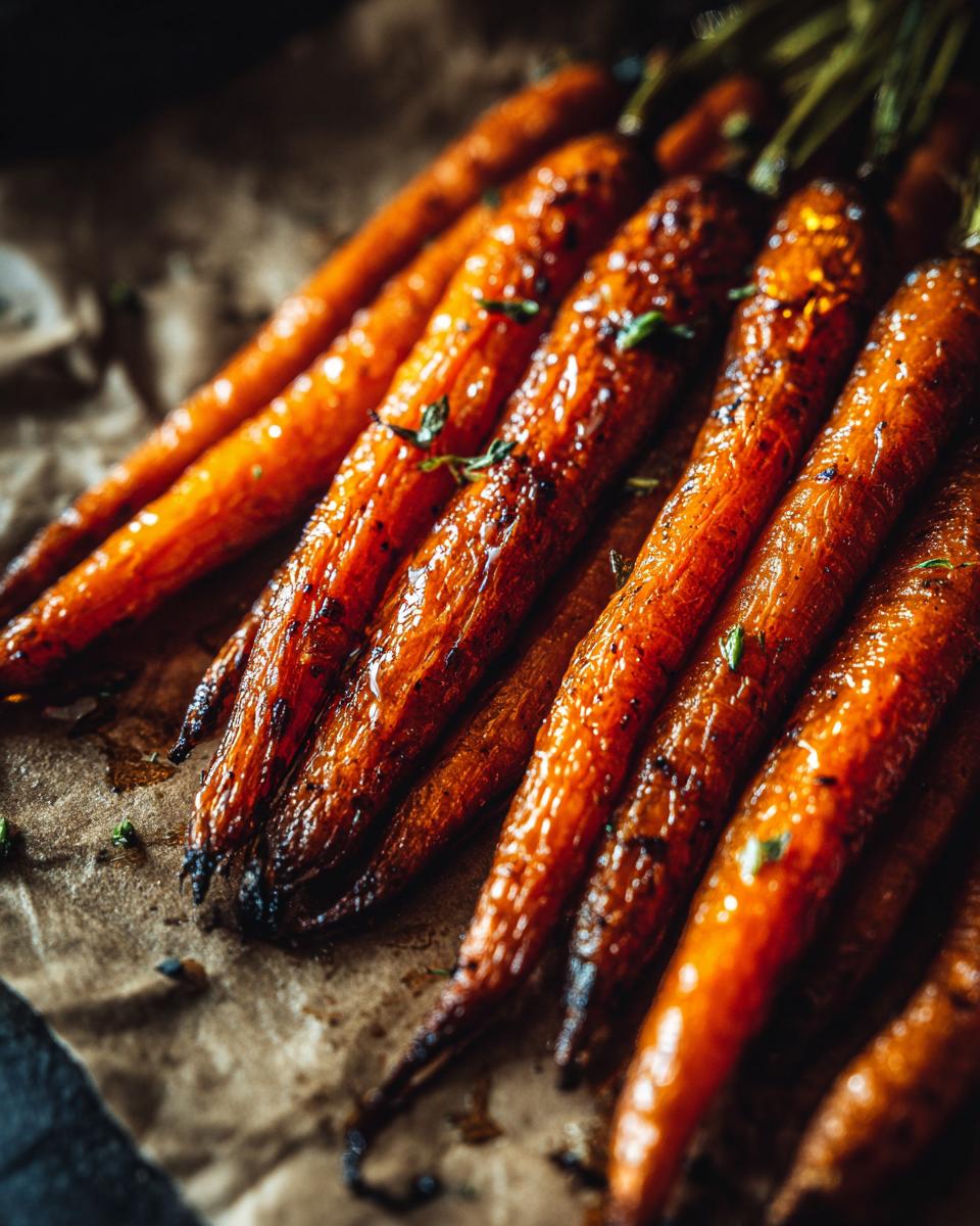Close-up of glazed carrots, showing the glistening glaze and herbs, the perfect Glazed Carrots.