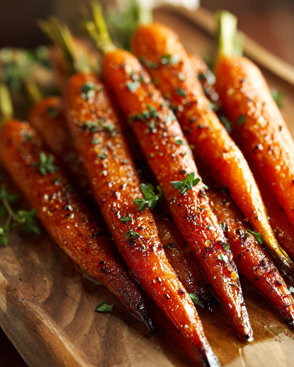 Close-up of perfectly glazed carrots garnished with fresh herbs, the recipe for Glazed Carrots.