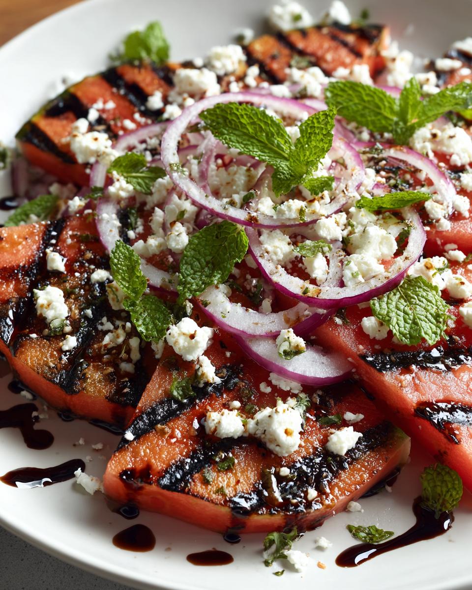 Close-up of a Grilled Watermelon Feta Salad with red onion, mint, and balsamic glaze.