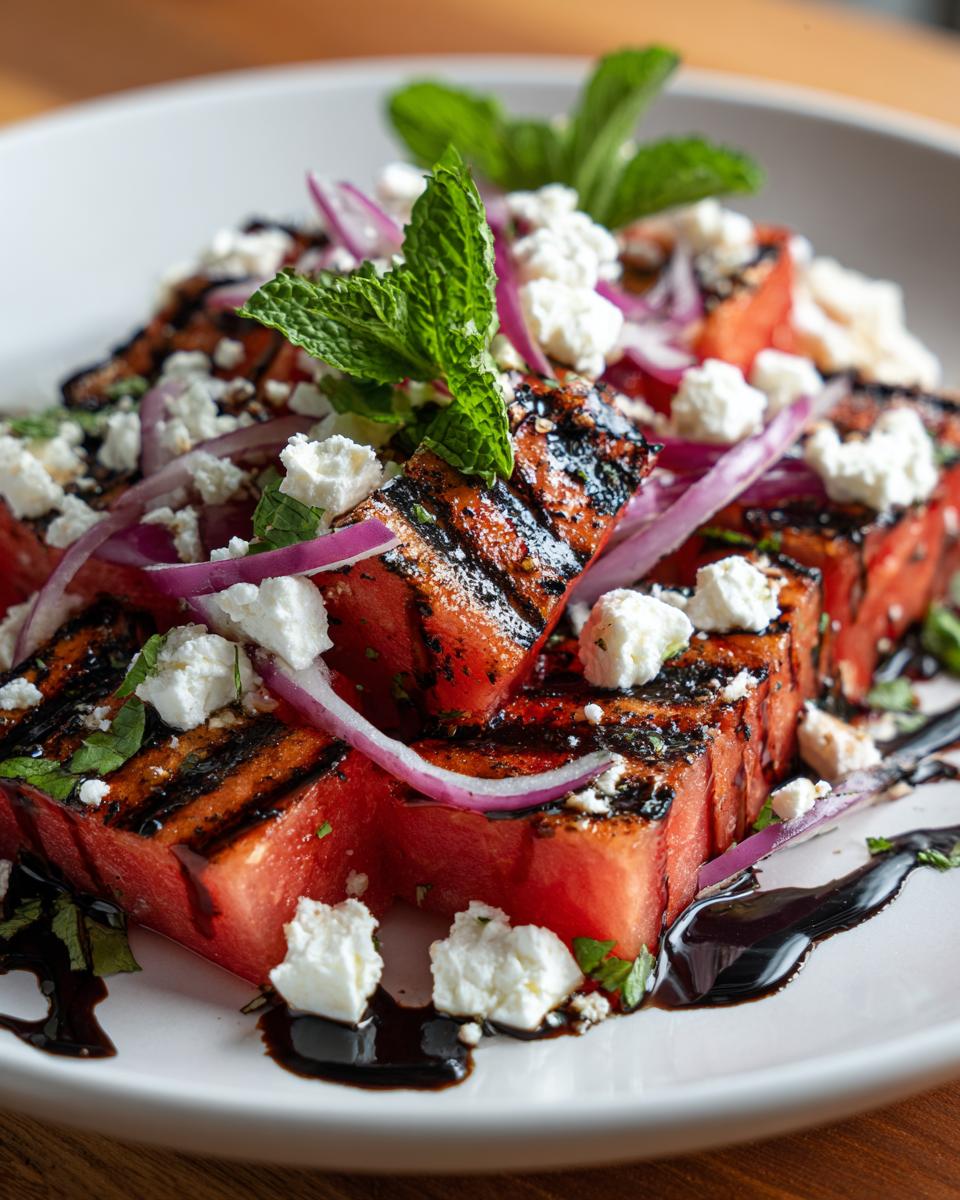 Close-up of a Grilled Watermelon Feta Salad with red onion, mint, and balsamic glaze.